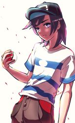 Rule 34 | 1boy, baseball cap, black hair, black hat, bright pupils, brown pants, closed mouth, commentary request, creatures (company), elio (pokemon), frown, game freak, grey eyes, hand up, hat, highres, holding, holding poke ball, male focus, medium hair, nintendo, pants, poke ball, poke ball (basic), pokemon, pokemon sm, sheyona, shirt, short sleeves, solo, striped clothes, striped shirt, t-shirt, twitter username, white background, white pupils