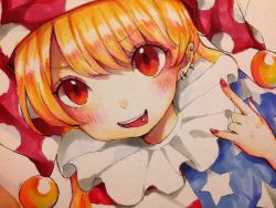 Rule 34 | 1girl, \m/, blush, close-up, clownpiece, ear piercing, earrings, hat, highres, jester cap, jewelry, long hair, looking at viewer, nail polish, neck ruff, orange hair, piercing, polka dot, red eyes, red nails, scan, smile, solo, tongue, tongue out, tongue piercing, touhou, traditional media, upper body, yamamoto souichirou