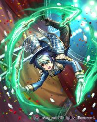 Rule 34 | 1boy, blue hair, bow, bowtie, cardfight!! vanguard, company name, dagger, flower, gloves, green hair, hat, heterochromia, knife, male focus, miracle tumbler lance, multicolored hair, ninnin (shishitou), official art, open mouth, red eyes, solo, teeth, two-tone hair, weapon, yellow eyes