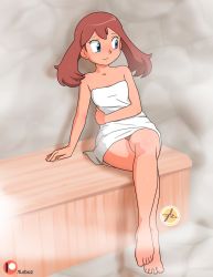 Rule 34 | 1girl, arm across waist, arm at side, armpits, artist name, barefoot, blue eyes, brown hair, child, clenched hand, collarbone, creatures (company), crossed legs, eyelashes, feet, female focus, fingernails, flat chest, full body, furboz, game freak, gen 6 pokemon, indoors, legs, light smile, looking to the side, may (pokemon), medium hair, naked towel, neck, nintendo, pokemon, pokemon rse, sauna, shiny skin, side bangs, sidelocks, signature, sitting, steam, thighs, thighs together, toenails, toes, towel, unworn clothes, unworn headwear, white towel