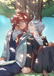 Rule 34 | 2girls, absurdres, against tree, ahoge, book, couple, drooling, facial scar, grey hair, gundam, gundam suisei no majo, highres, holding hands, joker (jjjokerrr233), low ponytail, miorine rembran, multiple girls, open book, red hair, saliva, scar, scar on cheek, scar on face, shade, sitting, sleeping, smile, spoilers, suletta mercury, tree, wife and wife, yuri