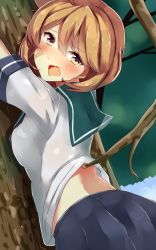 Rule 34 | 10s, 1girl, bandaid, bandaid on face, blush, brown eyes, commentary request, from behind, highres, hinauri (nurupon), kantai collection, light brown hair, midriff, oboro (kancolle), open mouth, pleated skirt, school uniform, serafuku, skirt, solo, tree, wavy mouth