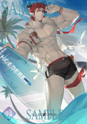 Rule 34 | 1boy, abs, absurdres, alternate costume, arknights, bara, black male swimwear, bulge, demon horns, eyepatch, facial hair, feet out of frame, goatee, highres, hoederer (arknights), holding, holding surfboard, horns, large pectorals, long hair, long sideburns, looking at viewer, male focus, male swimwear, muscular, muscular male, navel, open fly, pectorals, pointy ears, red hair, shirt, sideburns, sleeveless, sleeveless shirt, sparse stubble, surfboard, thick eyebrows, wet, wind, yaoyaore