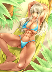 Rule 34 | 1girl, abs, alop-net, arms behind head, bad id, bikini, blonde hair, breasts, character request, hammock, highres, huge breasts, long hair, looking at viewer, lying, macto, muscular, open mouth, solo, source request, spread legs, swimsuit, tree, yellow eyes