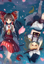Rule 34 | 2girls, absurdres, apron, blonde hair, blush, bobby socks, bow, braid, brown hair, cherry blossoms, expressionless, eyebrows hidden by hair, fish, floating, hair bow, hakurei reimu, hat, hat tip, highres, kirisame marisa, knees together feet apart, koi, large bow, lying, mary janes, mey24k, miniskirt, multiple girls, partially submerged, petals, pleated skirt, shoes, side braid, single braid, skirt, smile, socks, touhou, upside-down, vest, witch hat, yellow eyes