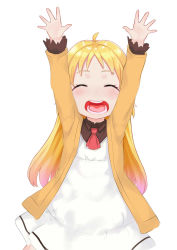 Rule 34 | 10s, 1girl, :d, ^ ^, arms up, ascot, atg (wttoo0202), blonde hair, charlotte izoard, child, closed eyes, dress, happy, long hair, long sleeves, open mouth, red ascot, ryuuou no oshigoto!, simple background, smile, solo, white background, white dress