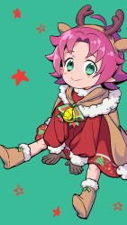 Rule 34 | 1girl, antlers, bell, boots, brown gloves, cape, closed mouth, dress, fae (fire emblem), fae (winter) (fire emblem), fire emblem, fire emblem: the binding blade, fire emblem heroes, full body, fur trim, gloves, green background, green eyes, highres, horns, long sleeves, nichihamueasler, nintendo, pointy ears, purple hair, reindeer antlers, short hair, simple background, sitting, smile, solo