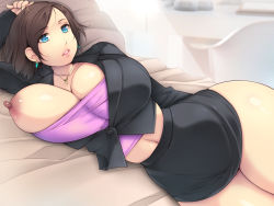 Rule 34 | 1girl, arm behind head, arm up, bed, black skirt, black suit, blue eyes, blurry, blurry background, blush, breasts, brown hair, earrings, female focus, groin, huge breasts, indoors, jewelry, legs, looking at viewer, lying, medium hair, midriff, navel, nipples, on bed, on side, one breast out, original, pillow, skirt, solo, suit, thick thighs, thighs, unaligned breasts, yoko juusuke