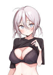 Rule 34 | 1girl, :o, ahoge, black bra, black shirt, blush, bra, breasts, cleavage, clothes lift, hair between eyes, highres, large breasts, looking at viewer, low twintails, navel, original, parted lips, shin no tenpii, shirt, shirt lift, short hair, short sleeves, short twintails, simple background, solo, twintails, underwear, upper body, white background