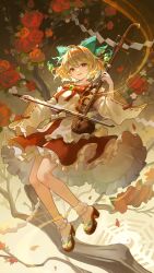 1girl adapted_costume blonde_hair bobby_socks bow bow_(music) commentary_request commission detached_sleeves erhu flower frilled_sleeves frills full_body green_bow hair_bobbles hair_bow hair_ornament happy highres instrument japanese_clothes kariginu kyusoukyu long_sleeves music neck_ribbon parted_lips playing_instrument red_footwear red_ribbon red_skirt ribbon rose sandals satsuki_rin shirt short_hair skeb_commission skirt socks solo touhou tree white_shirt white_sleeves white_socks wide_sleeves yellow_eyes