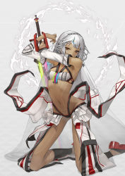 Rule 34 | 1girl, altera (fate), bare shoulders, breasts, dark-skinned female, dark skin, detached sleeves, fate/grand order, fate (series), kneeling, long hair, looking at viewer, mins (minevi), navel, photon ray (fate), red eyes, small breasts, solo, sword, tattoo, veil, weapon, white hair
