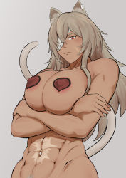 Rule 34 | 1girl, abs, absurdres, animal ear fluff, animal ears, arms under breasts, breasts, cat ears, cat tail, cleavage, covered erect nipples, cowboy shot, crossed arms, dark-skinned female, dark skin, eyepatch, facial scar, female pubic hair, ghislaine dedoldia, grey background, grey hair, grey pubic hair, highres, large breasts, muscular, muscular female, mushoku tensei, nadesuko, navel, navel piercing, nude, pasties, piercing, pubic hair, red eyes, scar, scar on cheek, scar on face, scar on stomach, simple background, solo, tail