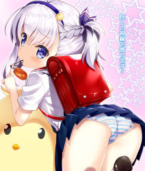 Rule 34 | 1girl, aged down, ass, azur lane, backpack, bag, belfast (azur lane), bird, blue eyes, blue ribbon, blue skirt, blush, braid, brown footwear, chick, closed mouth, commentary request, crime prevention buzzer, fingernails, fujima takuya, hair between eyes, hair ribbon, head tilt, index finger raised, little bel (azur lane), looking at viewer, looking back, mouth hold, one side up, panties, pink background, pleated skirt, randoseru, ribbon, shirt, shoe soles, shoes, short sleeves, silver hair, skirt, solo, standing, standing on one leg, star (symbol), striped clothes, striped panties, striped ribbon, translation request, underwear, white shirt