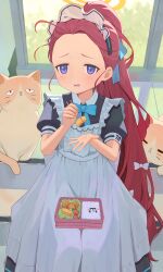 Rule 34 | 1girl, absurdres, animal, apron, bento, black dress, blue archive, blue ribbon, blush, bow, cat, chopsticks, cro (user znms5733), dress, food, hair bow, hair ribbon, halo, highres, holding, holding chopsticks, long hair, maid, maid apron, maid headdress, official alternate costume, omelet, open mouth, ponytail, purple eyes, red hair, ribbon, rice, short sleeves, solo, tamagoyaki, white apron, white bow, yellow halo, yuzu (blue archive), yuzu (maid) (blue archive)