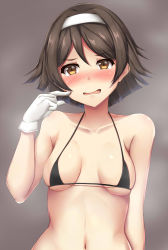 Rule 34 | 1girl, bad id, bad pixiv id, bikini, black hair, blush, breasts, brown eyes, gloves, grey background, hair between eyes, hairband, highres, kantai collection, micro bikini, navel, open mouth, short hair, simple background, small breasts, solo, steam, swimsuit, tanikaze (kancolle), terakoya, white gloves, white hairband