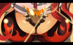 Rule 34 | 00s, 1girl, \m/, animal, animal between breasts, artist name, between breasts, bikini, bikini top only, boota (ttgl), bracelet, breasts, cleavage, flame print, head out of frame, highres, jewelry, kamina shades, large breasts, letterboxed, long hair, metalhanzo, red hair, scarf, size difference, spiked bracelet, spikes, swimsuit, tengen toppa gurren lagann, triangular eyewear, view between breasts, watermark, web address, xietong win, yoko littner