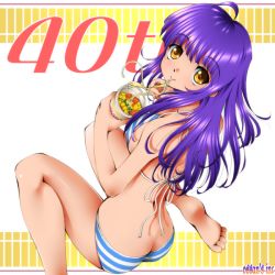 Rule 34 | 1girl, ahoge, ass, barefoot, bikini, butt crack, dr rex, eating, feet, fork, long hair, looking back, looking up, nissin cup noodle, original, purple hair, sitting, soles, solo, striped bikini, striped clothes, swimsuit, wariza, yellow eyes