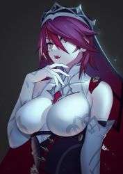 Rule 34 | 1girl, absurdres, breasts, distr, genshin impact, gloves, grey background, habit, hair between eyes, headdress, highres, long hair, looking at viewer, nun, open mouth, red eyes, red hair, rosaria (genshin impact), simple background, solo