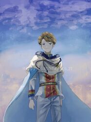 Rule 34 | 1boy, black clover, blue cape, blue eyes, brown hair, cape, capelet, cherrygris, closed mouth, dated, happy birthday, highres, langris vaude, looking at viewer, male focus, pants, short hair, smile, solo, twitter username, uniform, white pants, yellow capelet