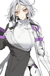 Rule 34 | 1girl, absurdres, breasts, expressionless, grey hair, grey jacket, heterochromia, highres, jacket, large breasts, messy hair, robot, short hair, sigret (epic seven), tissue0330, white jacket