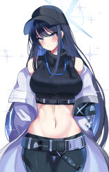 Rule 34 | 1girl, absurdres, armband, bare shoulders, baseball cap, belt, black belt, black hair, black hat, black pants, black shirt, blue archive, blue eyes, blue hair, blush, breasts, buckle, chest harness, closed mouth, commentary, commission, cowboy shot, crop top, groin, halo, harness, hat, highres, jacket, large breasts, long hair, long sleeves, looking at viewer, midriff, multicolored hair, navel, off shoulder, pants, pixiv commission, saori (blue archive), shirt, sidelocks, simple background, sleeveless, sleeveless shirt, snap-fit buckle, solo, sparkle, standing, sylph kim, thigh gap, turtleneck, underbust, white background, wide hips