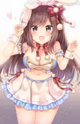 Rule 34 | 1girl, :d, animal ears, arm up, bad id, bad pixiv id, bare shoulders, blush, bow, breasts, brown background, brown eyes, brown hair, cleavage, commentary request, crop top, fake animal ears, fingernails, frilled skirt, frills, gradient background, hair bow, hand up, highres, idolmaster, idolmaster shiny colors, legs, long hair, looking at viewer, medium breasts, midriff, navel, open mouth, pleated skirt, pom pom (clothes), rabbit ears, red bow, shikino (sikinonono), skirt, smile, solo, striped, striped bow, tsukioka kogane, very long hair, white background, white skirt, wrist cuffs