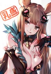 Rule 34 | 1girl, :q, animal ears, breasts, brown eyes, brown hair, cleavage, closed mouth, collarbone, detached sleeves, erune, granblue fantasy, grey background, hair ornament, highres, large breasts, long hair, looking at viewer, metera (granblue fantasy), mole, mole under mouth, sidelocks, simple background, smile, solo, tongue, tongue out, upper body, watao
