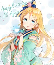 Rule 34 | 10s, 1girl, anco (melon85), artist name, ayase eli, blonde hair, blue eyes, character name, detached sleeves, hair ornament, happy birthday, heart, japanese clothes, kimono, long hair, love live!, love live! school idol festival, love live! school idol project, smile, solo