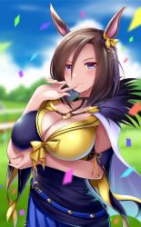 Rule 34 | 1girl, air groove (umamusume), animal ears, arm under breasts, belt, blue eyes, blue skirt, blurry, blurry background, blush, bow, breast hold, breast rest, breasts, brown hair, cape, cleavage, cloud, confetti, dress, ear ornament, finger to mouth, fur collar, fur trim, hair between eyes, hair ornament, hand up, highres, horse ears, horse girl, large breasts, looking at viewer, medium hair, o-ring, paid reward available, ribbon, ribbon trim, skirt, sky, smile, solo, strapless, strapless dress, sweatdrop, umamusume, yuki mizore