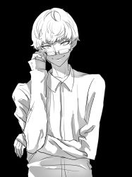 Rule 34 | 1boy, asuka ryou, black background, devilman, devilman crybaby, eyebrows, glasses, highres, male focus, mihael, navel, shirt, short hair, simple background, smile, solo, white shirt