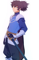 Rule 34 | 00s, 1boy, armor, black hair, gloves, green eyes, kamosuke, male focus, military, military uniform, ponytail, raven (tales), sheath, sheathed, smile, solo, sword, tales of (series), tales of vesperia, uniform, weapon, white background