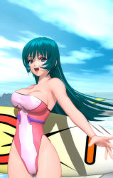Rule 34 | 00s, 1girl, 3d, adapted costume, breasts, chair, cleavage, cowboy shot, day, green hair, kotona elegance, lounge chair, mountainous horizon, name (nahopa!), one-piece swimsuit, outdoors, pink one-piece swimsuit, solo, standing, strapless, strapless one-piece swimsuit, swimsuit, teeth, upper teeth only, white one-piece swimsuit, zoids, zoids genesis