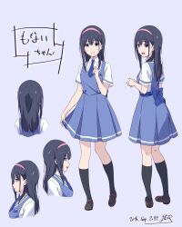 Rule 34 | 1girl, back bow, black hair, black socks, blue background, blue bow, blue eyes, blue necktie, bow, brown footwear, character name, character sheet, closed mouth, collared shirt, commentary request, cropped torso, dated, dress, from behind, from side, full body, hair between eyes, hairband, hand up, hands up, highres, initial, kneehighs, kneepits, knees together feet apart, legs apart, loafers, long hair, looking at viewer, looking back, medium dress, monai-chan (nii manabu), multiple views, necktie, nii manabu, open mouth, original, own hands together, pigeon-toed, pinafore dress, pink hairband, pleated dress, profile, school uniform, shirt, shoes, short sleeves, signature, simple background, single stripe, skirt hold, sleeveless, sleeveless dress, smile, socks, split mouth, standing, translated, upper body, white shirt