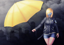 Rule 34 | 1girl, blindfold, blonde hair, breasts, character request, copyright request, denim, denim shorts, facing viewer, highres, holding, holding umbrella, jacket, large breasts, short hair, shorts, solo, umbrella, yclok
