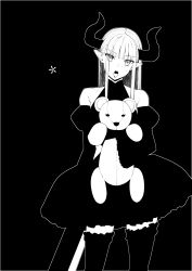 Rule 34 | 1girl, absurdres, akino sora, bare shoulders, black background, collarbone, commentary request, curled horns, detached sleeves, dress, frilled thighhighs, frills, greyscale, head tilt, highres, horns, juliet sleeves, long hair, long sleeves, monochrome, hugging object, open mouth, original, pointy ears, puffy sleeves, simple background, sleeveless, sleeveless dress, solo, stuffed animal, stuffed toy, teddy bear, thighhighs, wide sleeves