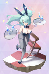 Rule 34 | 1girl, animal ears, bare shoulders, black bow, black bowtie, black hairband, blue archive, blue footwear, blue leotard, blush, bow, bowtie, breasts, chair, champagne flute, checkered floor, cleavage, commentary request, cup, detached collar, drink, drinking glass, eyelashes, fake animal ears, full body, green hair, grey eyes, grey pantyhose, hair ornament, hair over one eye, hairband, hairclip, halo, hands up, high heels, highleg, highleg leotard, highres, hiyori (blue archive), holding, holding tray, large breasts, leotard, long hair, looking at viewer, multicolored background, one eye covered, open mouth, pantyhose, parted bangs, pilokey, pink background, playboy bunny, ponytail, purple background, rabbit ears, raised eyebrows, shadow, shoes, side ponytail, sidelocks, skindentation, solo, spilling, standing, standing on one leg, strapless, strapless leotard, strappy heels, swept bangs, thigh gap, thigh strap, tray, triangle, very long hair, wing collar, wooden chair