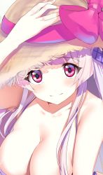 Rule 34 | 1girl, azur lane, blush, breasts, cleavage, cygnet (azur lane), cygnet (sea star on shore) (azur lane), hat, large breasts, light purple hair, long hair, purple eyes, schreibe shura, smile, solo, straw hat, upper body