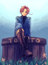 Rule 34 | 1boy, axis powers hetalia, boots, box, flower, formal, male focus, northern italy (hetalia), personification, red hair, sitting, smile, solo, tnmp, tomato