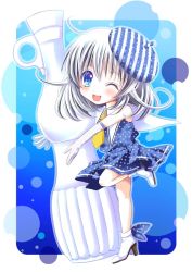 Rule 34 | 1girl, ;d, ahoge, beret, blue eyes, bottle, chibi, elbow gloves, gloves, hat, looking at viewer, maya (tirolpop), hugging object, one eye closed, open mouth, original, silver hair, smile, solo, standing, standing on one leg, white gloves