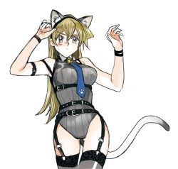 Rule 34 | 1girl, 203wolves, animal ear fluff, animal ears, arm strap, bell, black hairband, blonde hair, blue necktie, blush, bracelet, breasts, brown eyes, cat ears, cat tail, closed mouth, cowboy shot, fake animal ears, garter belt, gluteal fold, grey leotard, grey thighhighs, hair between eyes, hairband, jewelry, jingle bell, leotard, long hair, medium breasts, necktie, simple background, sketch, solo, standing, straight hair, sweatdrop, tail, tenjouin asuka, thighhighs, very long hair, white background, wing collar, yu-gi-oh!, yu-gi-oh! gx