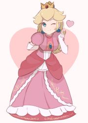 1girl aqua_eyes artist_name blonde_hair brooch chocomiru dress earrings heart heart_background index_finger_raised jewelry long_hair looking_at_viewer mario_(series) nintendo one_eye_closed pink_dress princess_peach signature smile solo sphere_earrings super_mario_bros._1 super_smash_bros.