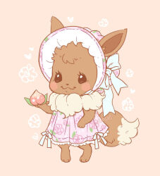 Rule 34 | 1other, :3, berry (pokemon), black eyes, blush, blush stickers, bonnet, bow, clothed pokemon, commentary, creatures (company), dress, eevee, english commentary, floral print, food, frilled dress, frills, fruit, fur collar, game freak, gen 1 pokemon, holding, holding food, holding fruit, nintendo, orange background, pecha berry, pokemon, pokemon (creature), samantha whitten, watermark, white bow