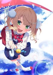 Rule 34 | 1girl, absurdres, ama rei, backpack, bag, bandaid, bandaid on knee, bandaid on leg, blonde hair, blue dress, blush, bow, bowtie, crime prevention buzzer, dress, full body, green eyes, hair ornament, highres, holding, holding umbrella, indie virtual youtuber, long sleeves, looking at viewer, open mouth, pinafore dress, pleated dress, pom pom (clothes), pom pom hair ornament, print bed sheet, randoseru, red bag, red bow, shigure ui (vtuber), shigure ui (vtuber) (young), shirt, sleeveless, sleeveless dress, smile, solo, twintails, umbrella, virtual youtuber, white shirt