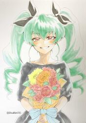 Rule 34 | 1girl, anchovy (girls und panzer), black dress, black ribbon, bouquet, commentary, dress, drill hair, flower, girls und panzer, green hair, grin, hair ribbon, half-closed eyes, happy, highres, holding, holding bouquet, long hair, looking at viewer, red eyes, ribbon, sawamaru30, short dress, smile, solo, tearing up, traditional media, twin drills, twintails, twitter username, upper body