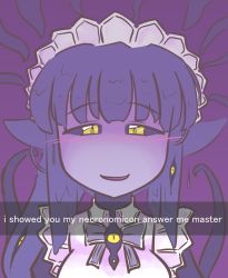 Rule 34 | 1girl, black sclera, blush, breasts, bwsnowy, colored sclera, colored skin, english text, female focus, maid, maid headdress, monster girl, monster girl encyclopedia, open mouth, purple skin, shoggoth (monster girl encyclopedia), solo, tentacles