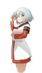 1girl adjusting_eyewear blue_eyes blush closed_mouth from_side glasses hair_between_eyes highres ikeda_chitose keibi_inu layered_sleeves long_sleeves looking_at_viewer nanamori_school_uniform one_eye_closed papers round_eyewear school_uniform serafuku short_hair short_over_long_sleeves short_sleeves simple_background smile solo white_background white_hair yuru_yuri