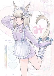 Rule 34 | 1girl, :o, animal ears, apron, blunt bangs, blush, breasts, buckle, character name, frilled hairband, frills, grey hair, hair ornament, hairband, happy meek (umamusume), highres, holding own foot, horse ears, horse girl, horse tail, jacket, jersey maid, long sleeves, looking at viewer, loose socks, maid, medium hair, name tag, pink eyes, purple jacket, roller skates, ryusei (ryusei b), skates, small breasts, snap-fit buckle, socks, standing, standing on one leg, tail, twitter username, umamusume, unconventional maid, v over eye, waist apron, white socks, zoom layer