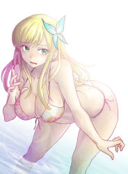 Rule 34 | 10s, 1girl, bare arms, bare shoulders, bent over, bikini, blush, boku wa tomodachi ga sukunai, breasts, butterfly hair ornament, cleavage, collarbone, eyebrows, eyelashes, female focus, front-tie top, green eyes, hair ornament, halterneck, kashiwazaki sena, kws, large breasts, leaning forward, legs apart, lips, long hair, looking at viewer, side-tie bikini bottom, side-tie bottom, sidelocks, solo, string bikini, swimsuit, wading, wavy mouth, white background