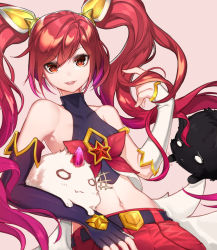 Rule 34 | 1girl, :3, alternate costume, alternate hair color, alternate hairstyle, bad id, bad pixiv id, bare shoulders, elbow gloves, familiar, fang, fingerless gloves, flat chest, gloves, hair ornament, horns, hoshi usagi, jinx (league of legends), kuro (league of legends), league of legends, long hair, looking at viewer, magical girl, midriff, navel, open mouth, playing with own hair, red eyes, red hair, shiro (league of legends), shorts, single horn, solo, star guardian (league of legends), star guardian jinx, twintails, very long hair