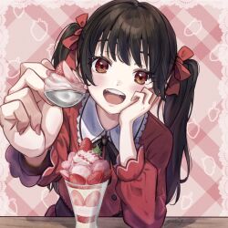 Rule 34 | 1girl, black bow, black hair, bow, collared dress, collared shirt, dress, food, frilled shirt collar, frills, fruit, head tilt, highres, holding, holding spoon, incoming food, open mouth, original, parfait, red dress, red eyes, shirt, spoon, strawberry, twintails, upper body, yuri yone
